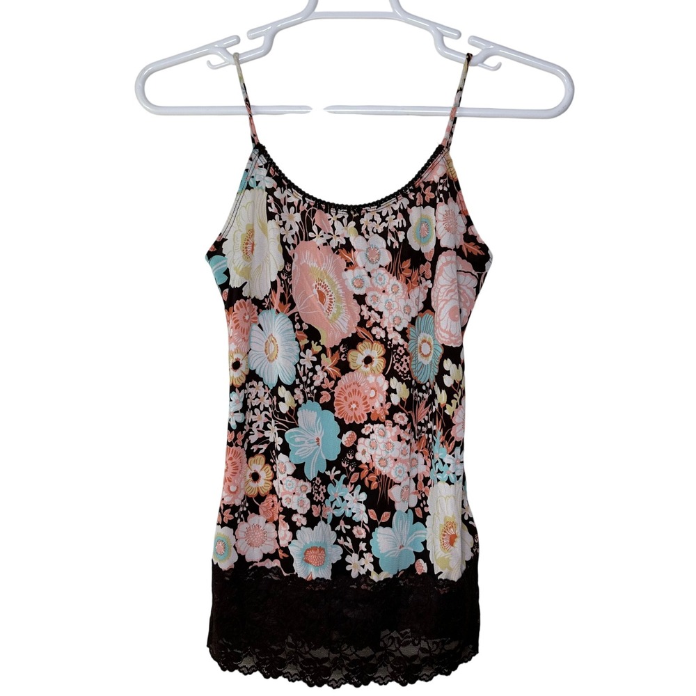 Vanity Y2K Tank‎ Top Cami Women's Medium Brown Floral Lace Base Layer Preppy GUC